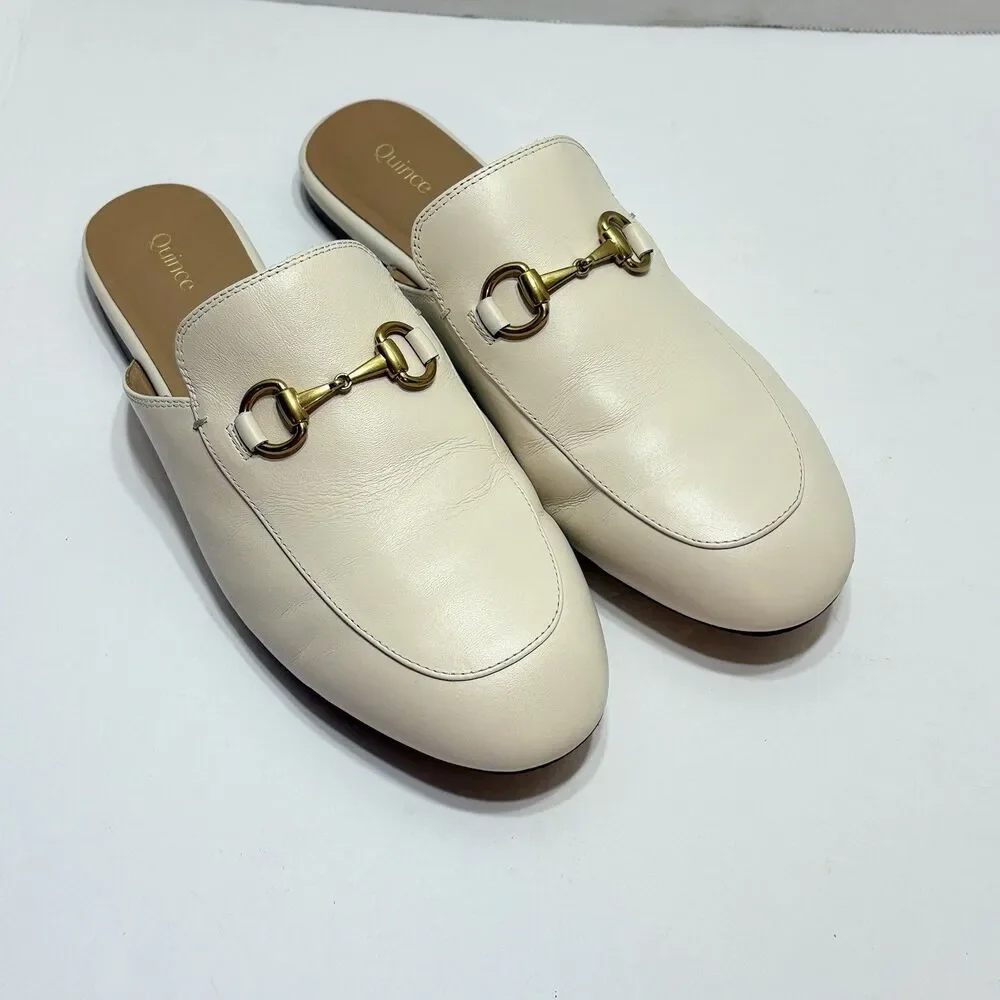 Quince Women Italian Leather Horsebit Loafer Mule Bone Shoes 8.5